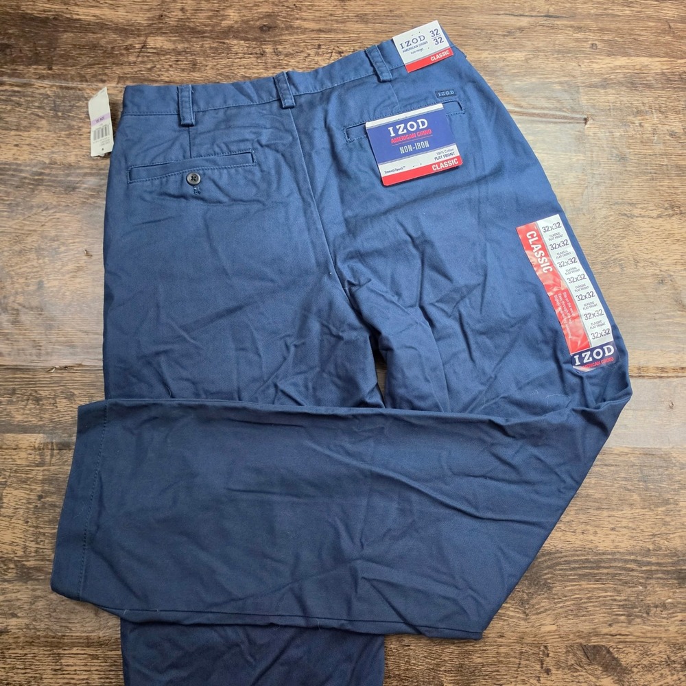 IZOD American Chino Pants Men 32x32 Navy Blue Non-Iron Flat Front Classic Fit - Picture 6 of 10